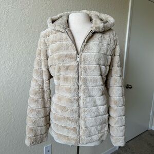 Cream Faux Fur Puffer Zip Jacket Hooded Soft Chic and Effortless